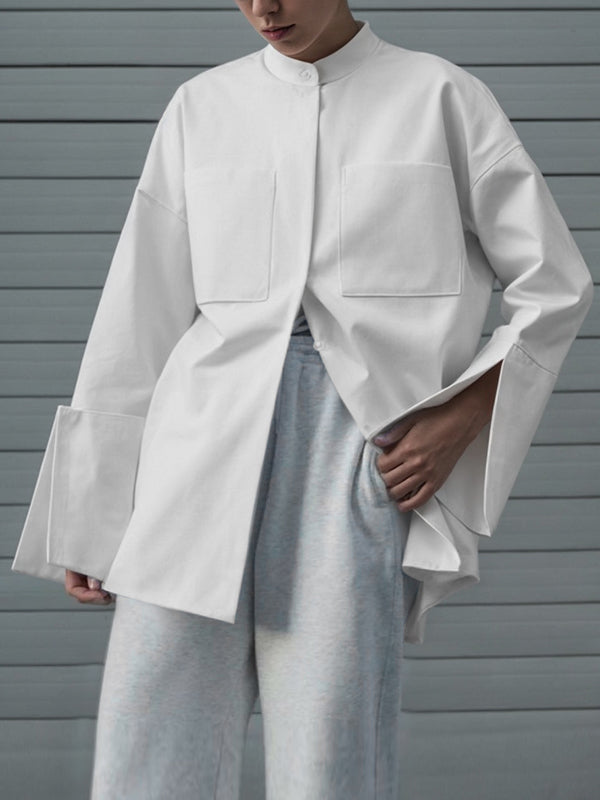 Long Sleeves Loose Buttoned Pockets Solid Color Stand Collar Blouses&Shirts Tops