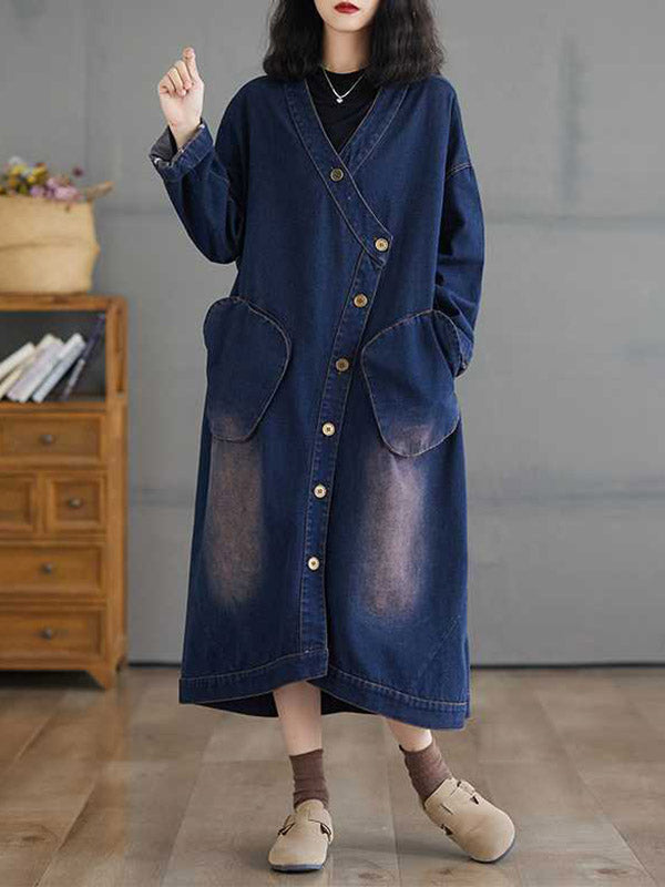 High-Low Long Sleeves Asymmetric Buttoned Pockets Split-Joint V-Neck Outerwear