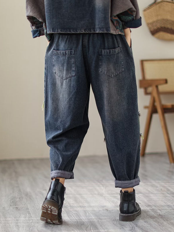 Contrast Color Fringed Split-Joint Long Sleeves Printed Outwear + Harem Pants  Two Pieces Set