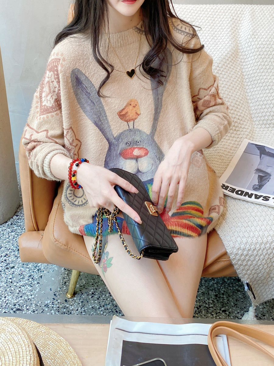 Cute Print Long Sleeve Round Neck Sweater