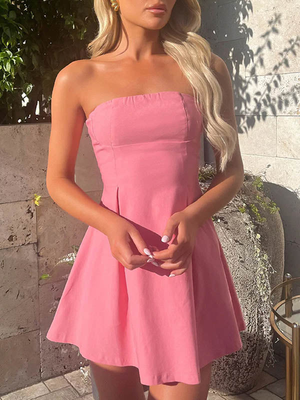 A-Line Loose Backless Pleated Solid Color Split-Joint Tied Tube Mini Dresses