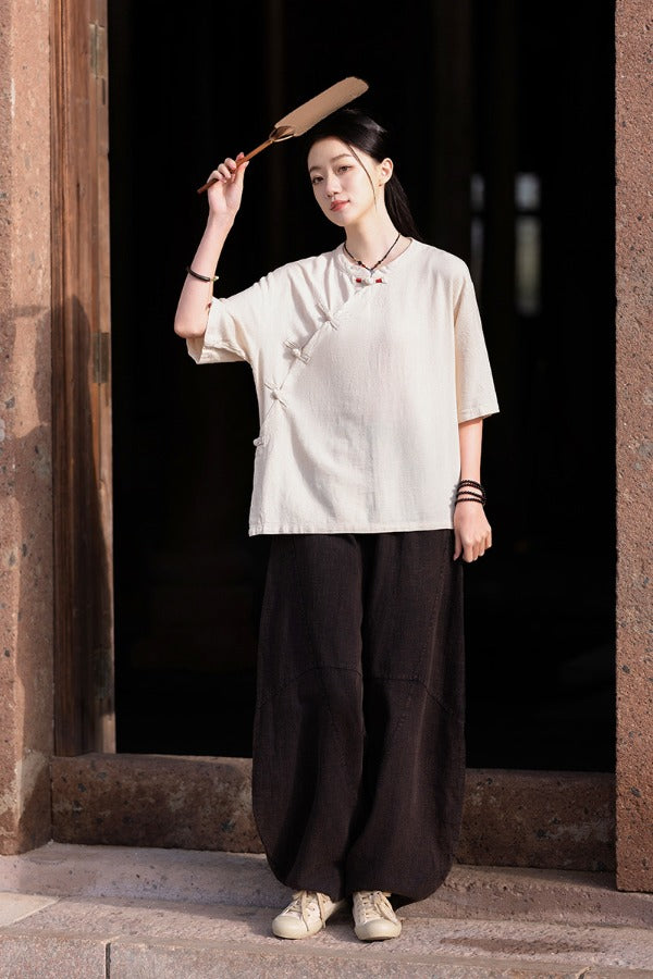 Vintage Stand Collar Short Sleeve Linen Shirt