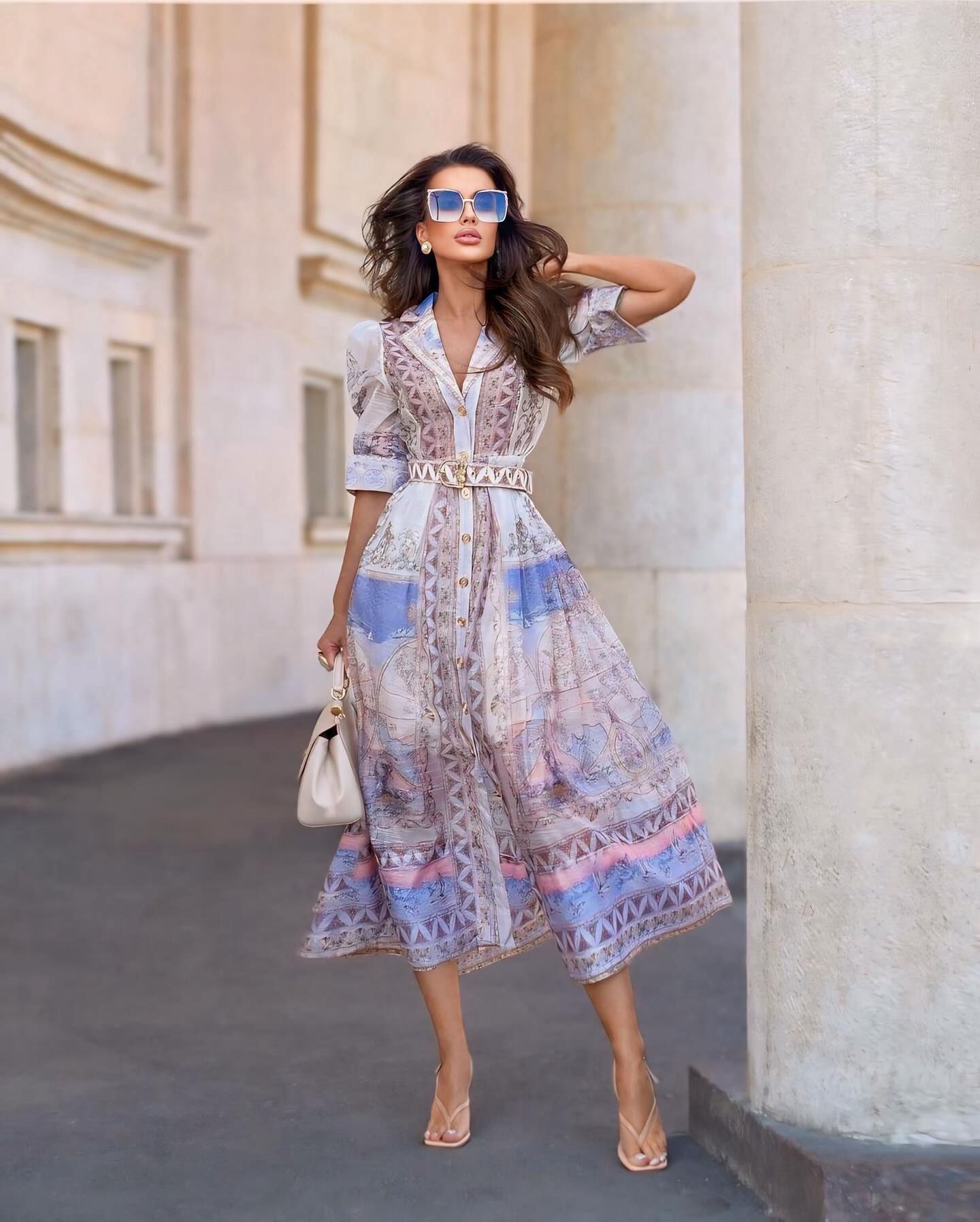 Ladies' boho print split V-neck sexy dress