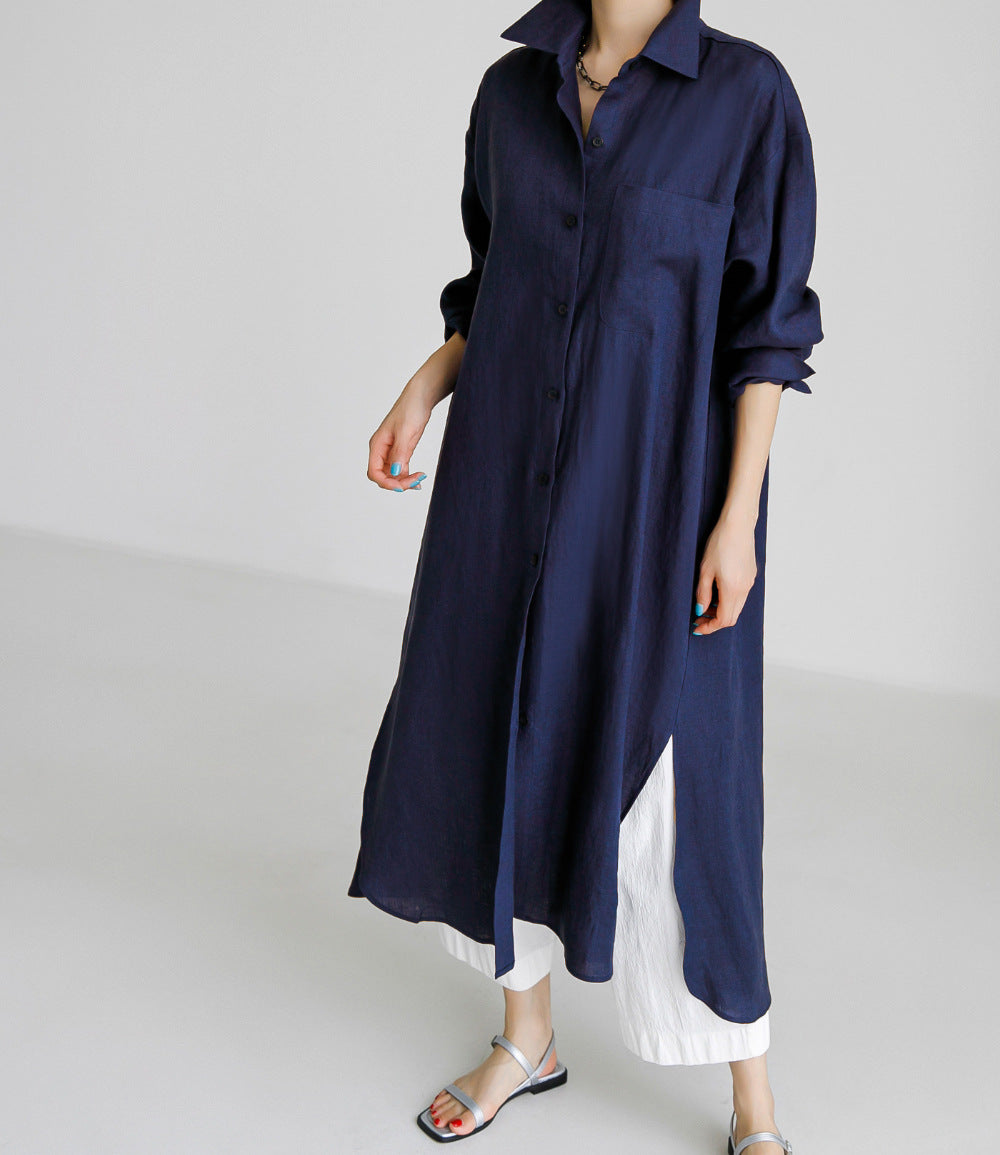 Simple Cotton Linen Long Sleeve Midi Dress