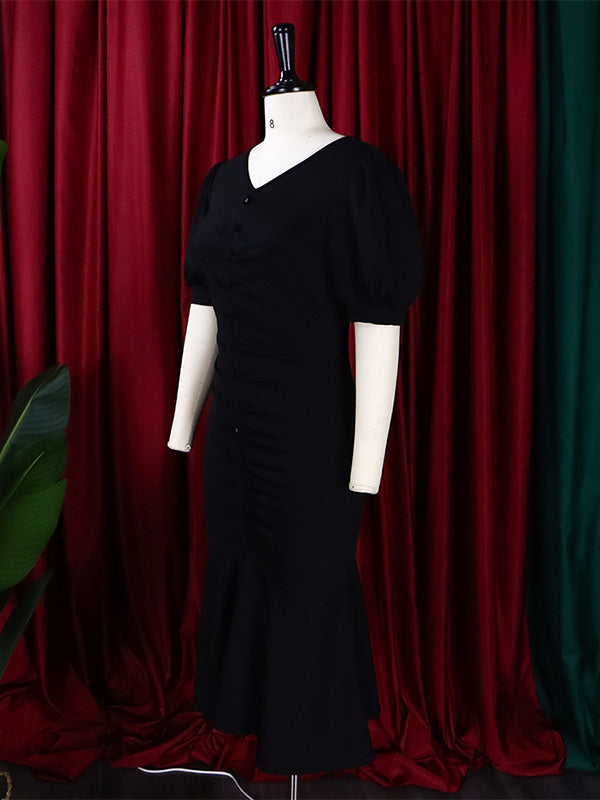 Bodycon Mermaid Pleated Solid Color Zipper V-Neck Midi Dresses