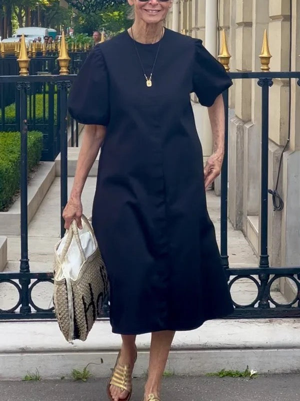 A-Line Loose Pleated Pockets Solid Color Round-Neck Midi Dresses