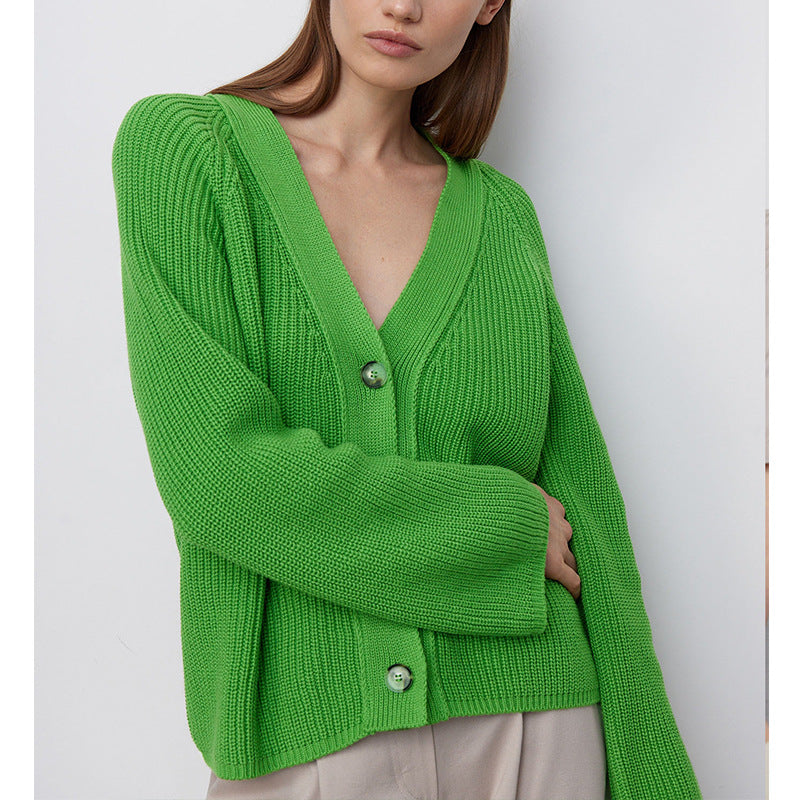 Women's V-neck short sweater cardigan autumn and winter batwing sleeve button solid color knitted coat