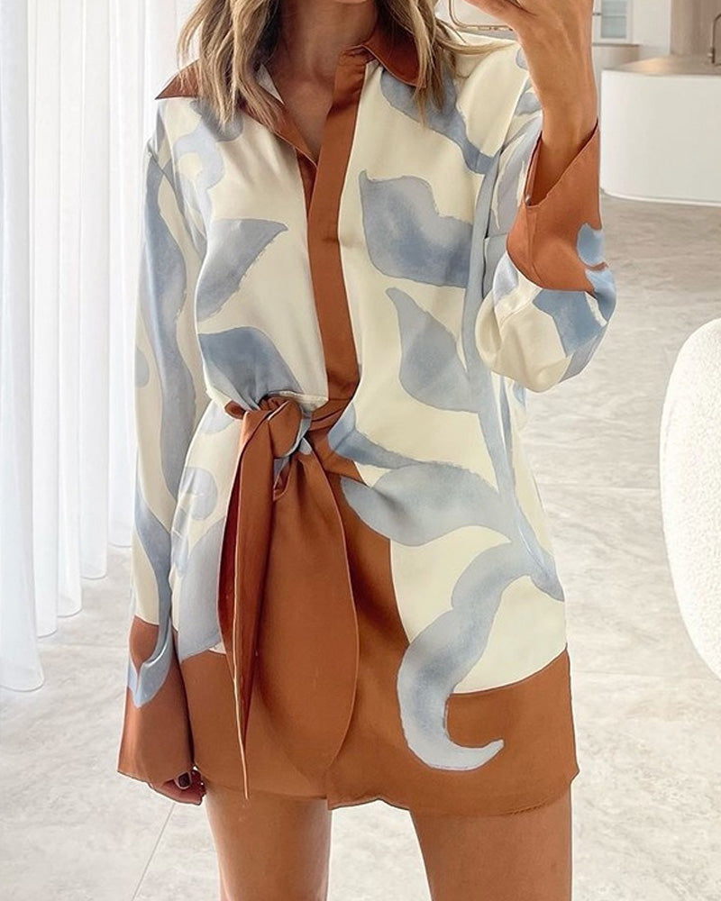 Irregular Knot Long Sleeve Shirt Dress