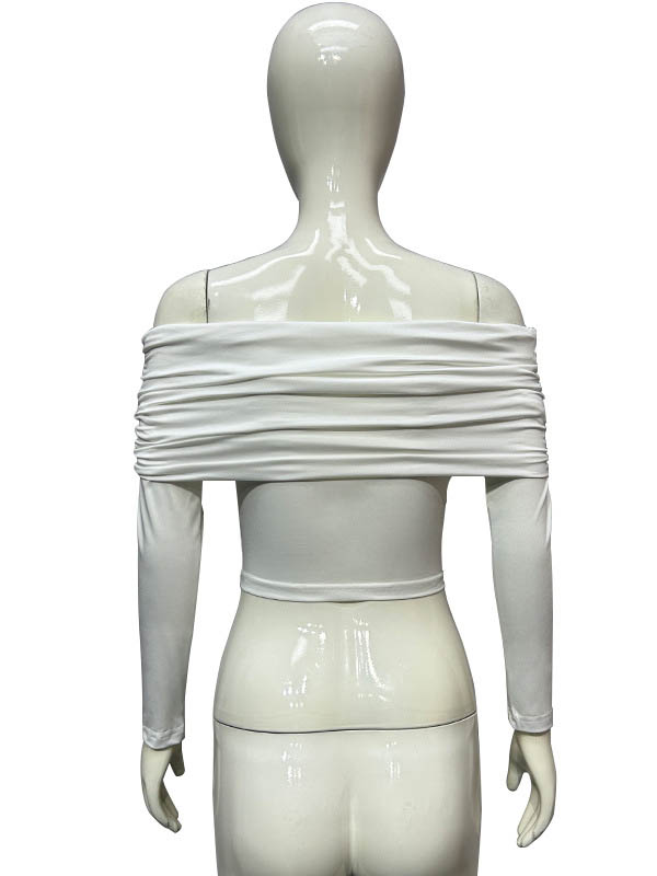 Skinny Pleated See-Through Solid Color Split-Joint Off-The-Shoulder T-Shirts