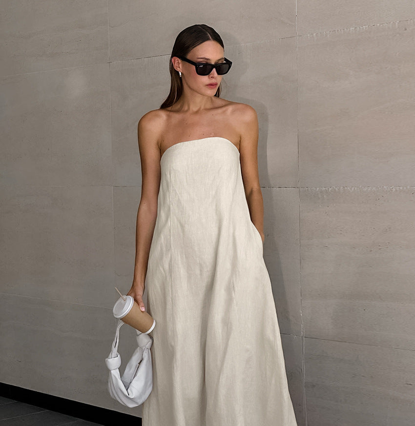 Vacation Cotton-Linen Solid Sheath Backless Maxi Dress
