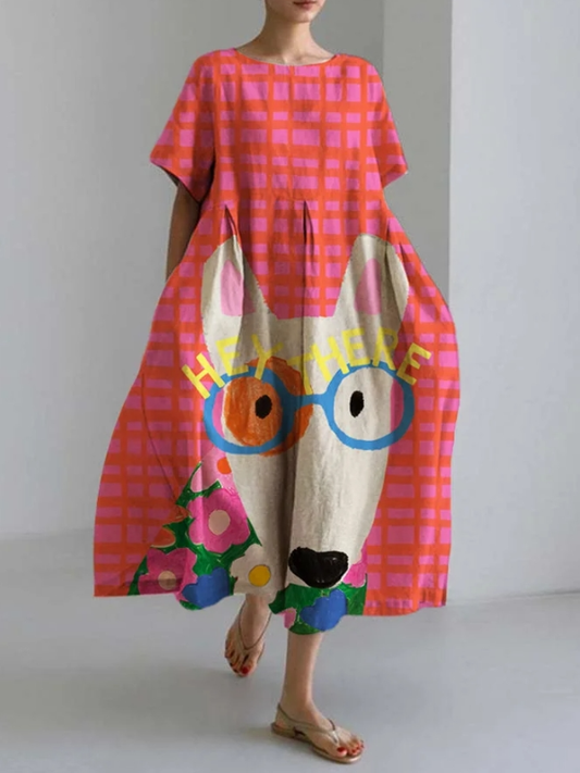 Round Collar Printing Dog Head Printed Short Sleeve Maxi Dress