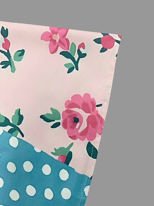 Half Sleeves Loose Flower Print Polka-Dot Round-Neck Midi Dresses