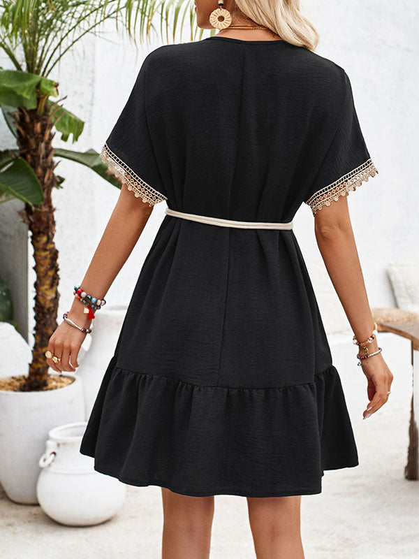 Short Sleeves Belted Split-Joint V-neck Mini Dresses