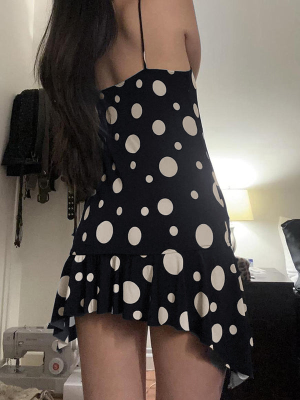 Sleeveless Contrast Color Pleated Polka-Dot Spaghetti-Neck Mini Dresses
