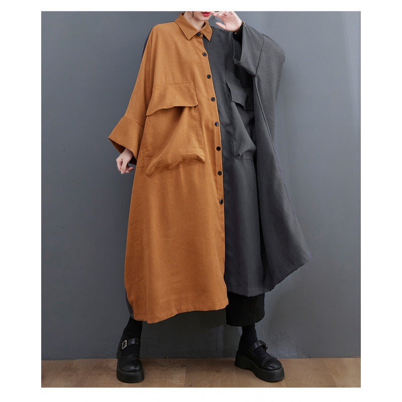 Literary Color Block Lapel Mid Dress