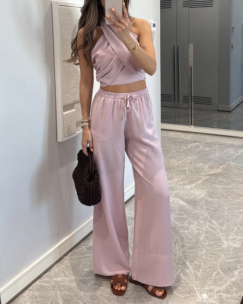 Casual Solid Color Lace-Up Top & Pants Two-Piece Set