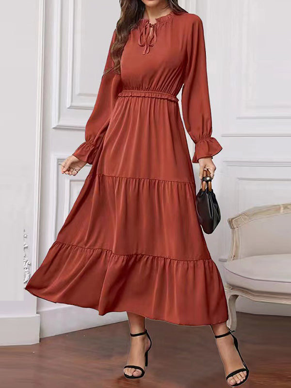 A-Line High Waisted Pleated Solid Color Split-Joint Tied Round-Neck Maxi Dresses