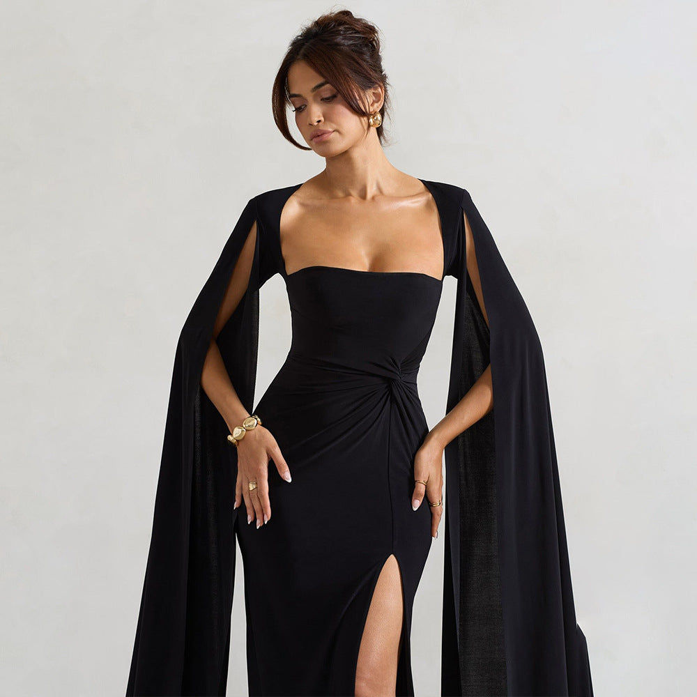 Women's dress square collar mop long sleeve high slit solid color sexy dresses