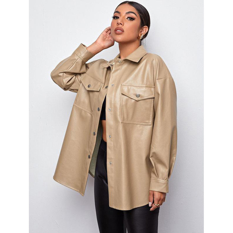 Autumn PU leather women's shirt end cutting jacket coat