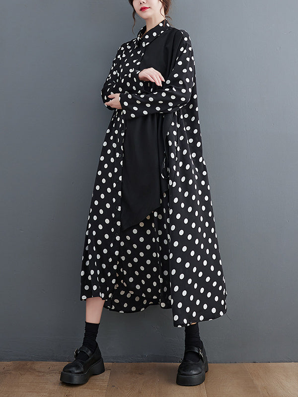 Literary Polka Dot Print Splicing Midi Dress
