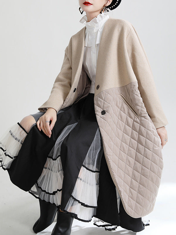 Niche Design Splicing V-Neck Cotton Coat