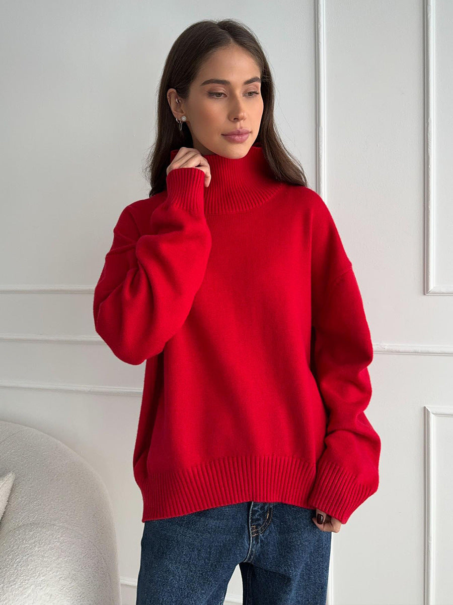 Autumn and Winter solid color simple loose high collar solid color knitted sweater for women