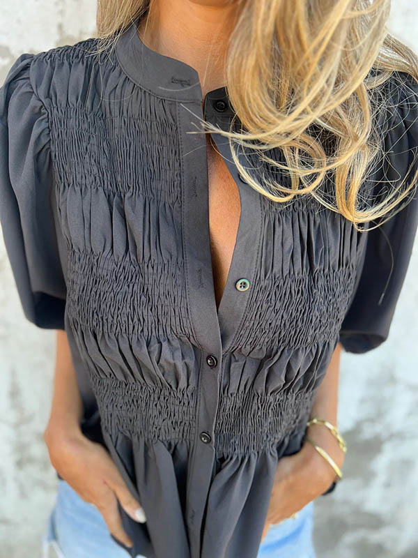 Loose Plus Size Elasticity Pleated Solid Color Round-Neck Blouses&Shirts Tops