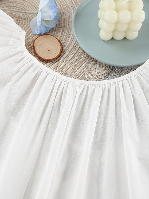 Loose Puff Sleeves Lace-Up Pleated See-Through Solid Color V-Neck Mini Dresses Sleep Dress