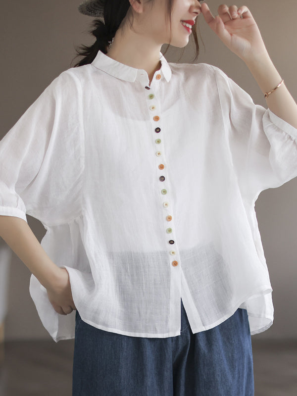 Literary Solid Color Lapel Bat Sleeve Shirt