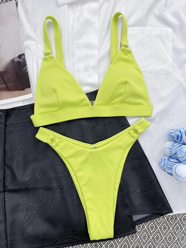 Solid Color Split High Waist Bikini Swimsuit