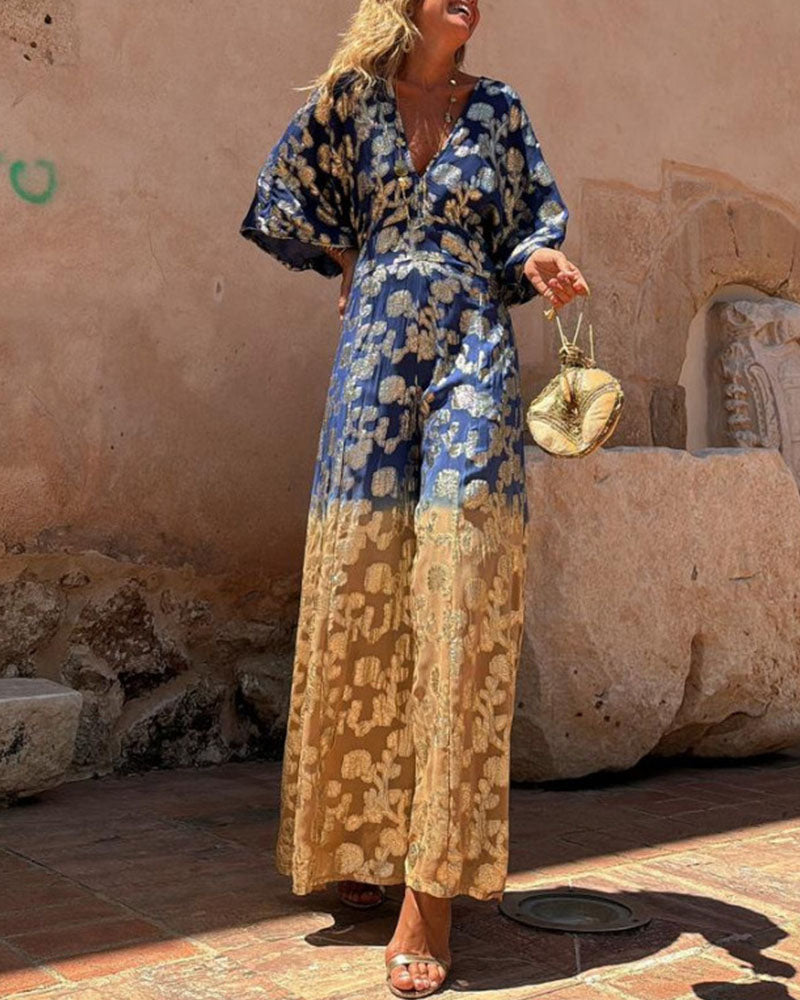 V-neck open back wide-leg jumpsuit