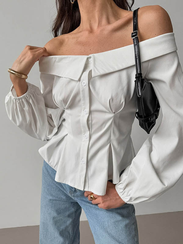 Long Sleeves Loose Buttoned Elasticity Pockets Solid Color Off-The-Shoulder Blouses&Shirts Tops