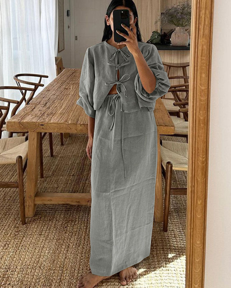 Retro puff sleeve two piece set