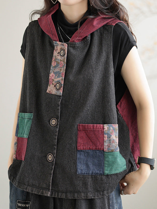 Artistic Retro Loose Denim Sleeveless Buttoned Contrast Color Hooded Vest Outerwear