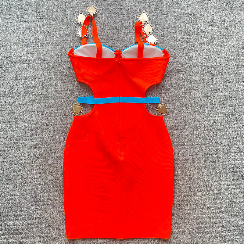 New French contrast color hot girl sexy cutout off-the-shoulder sling bandage one-piece dress