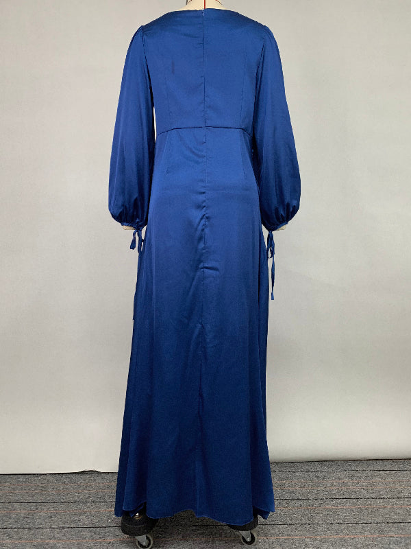 Look-Thin Pleated Solid Color V-Cut Long Sleeves Maxi Dresses