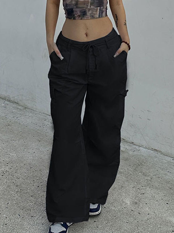 Loose Wide Leg Drawstring Pockets Solid Color Pants Trousers