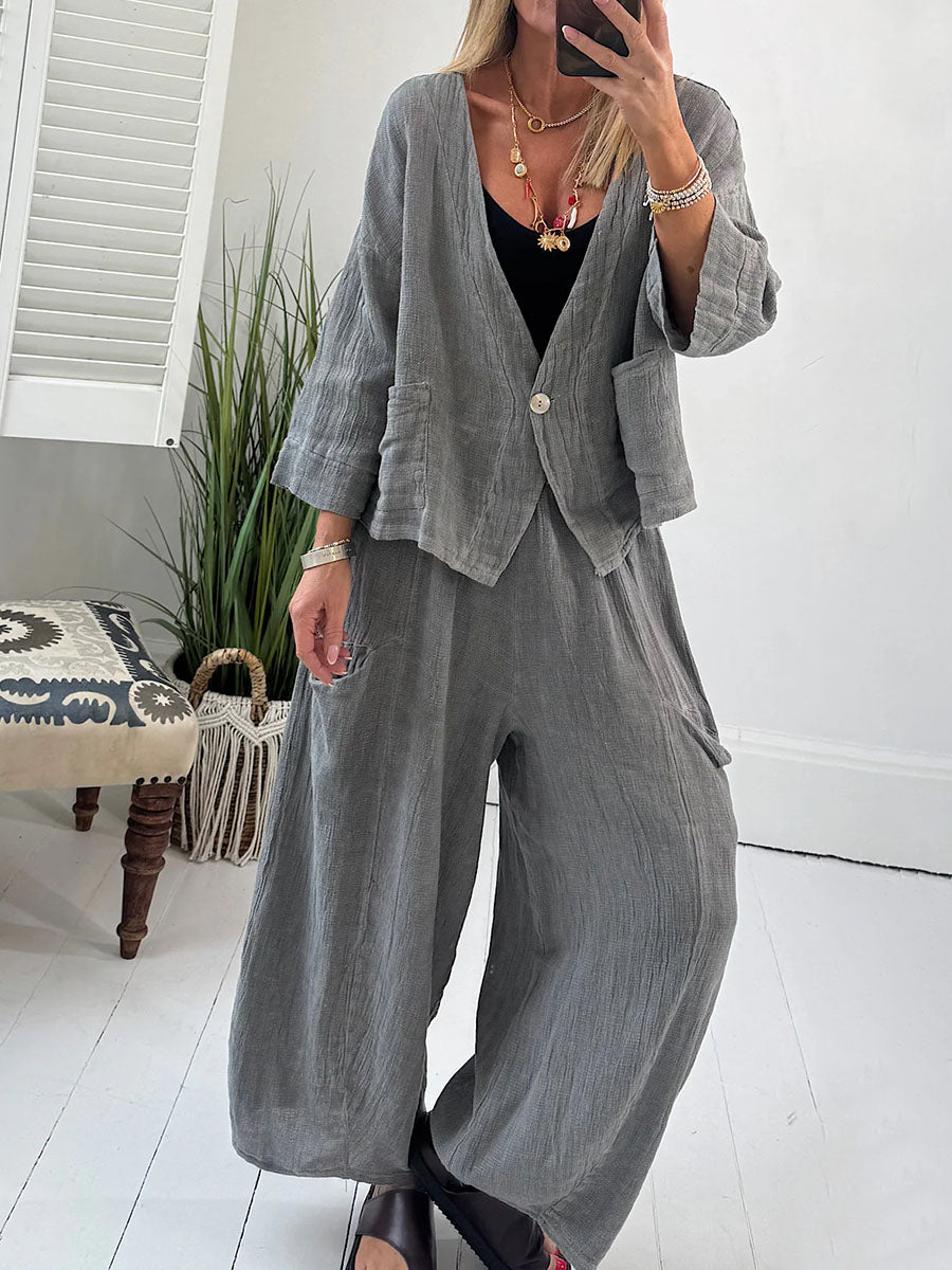 Cotton and linen mid-sleeve casual two-piece set