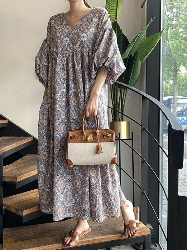 Ethnic Style Floral V-Neck Lantern Sleeve Midi Dress