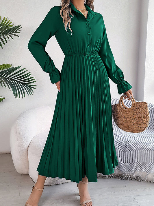 A-Line Flared Sleeves Buttoned Elasticity Pleated Solid Color Lapel Maxi Dresses