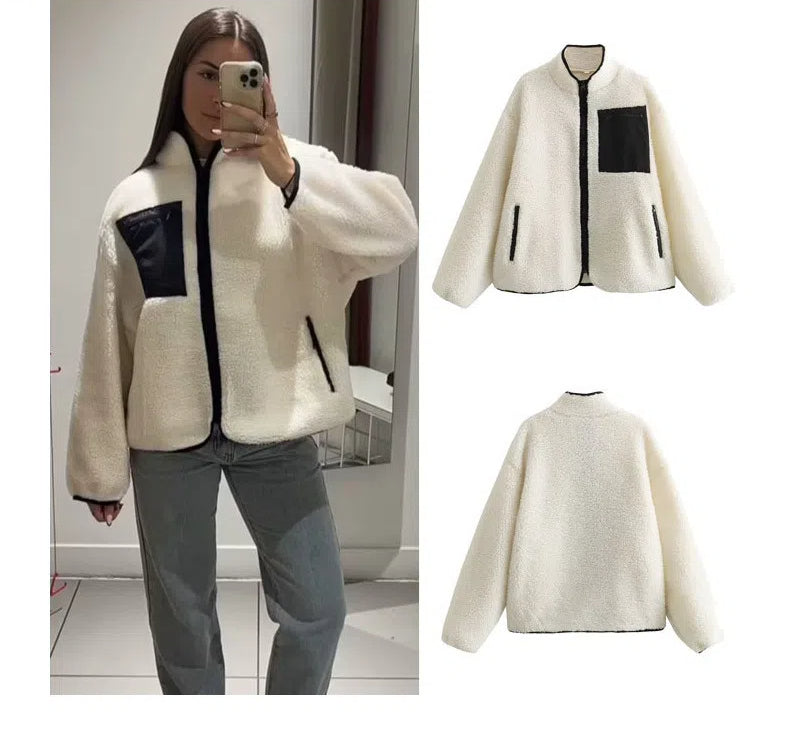 Wholesale autumn and winter new women's clothing idle style loose contrast color woolen coat cardigan coat