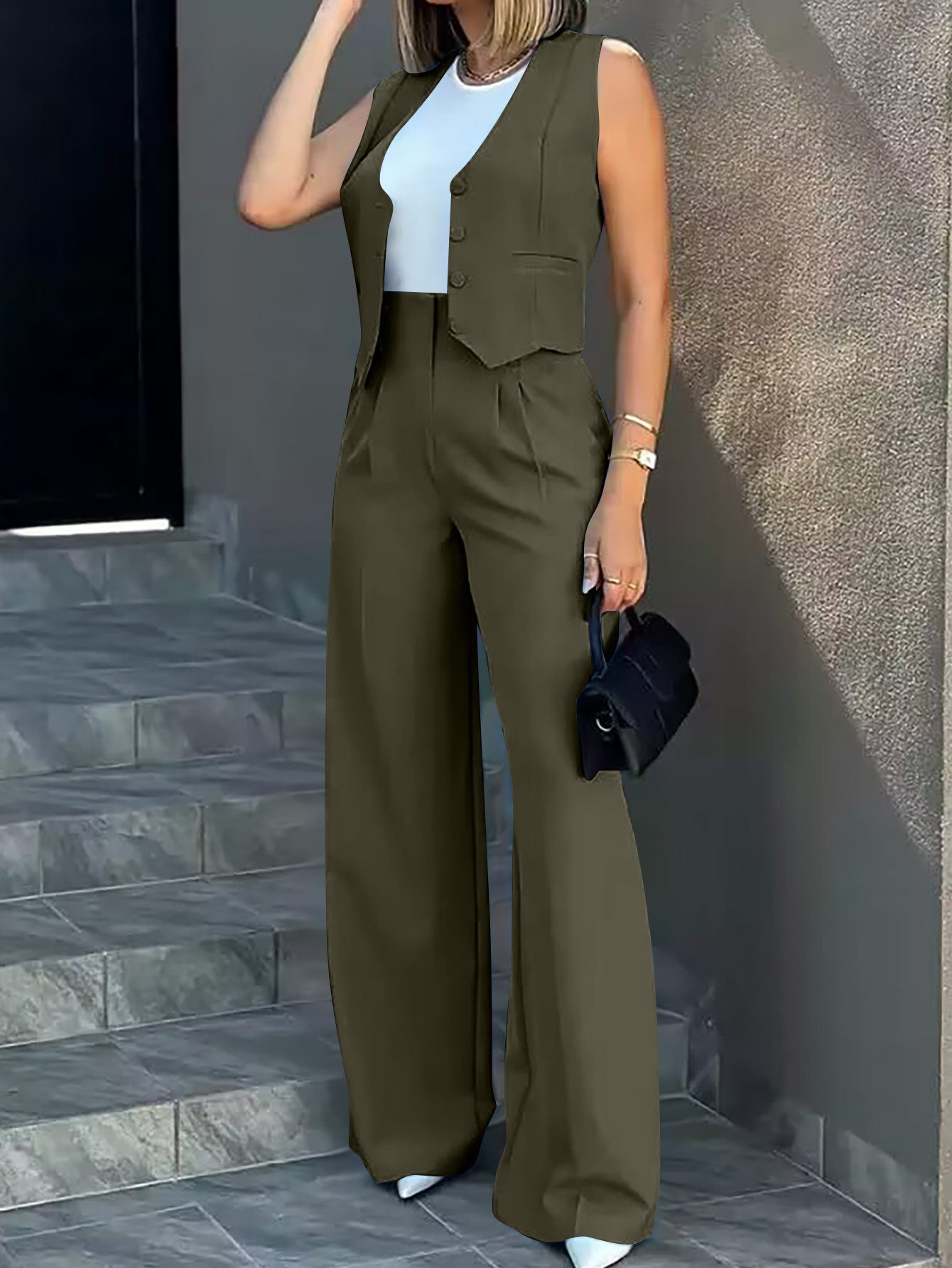 Fashion Solid Color Vest & Wide Leg Pants Two-Piece