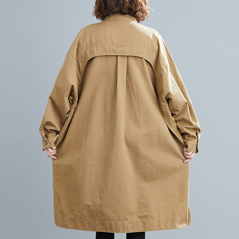 Literary Solid Color Lapel Long Sleeve Trench Coat