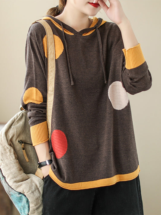 Retro Big Polka Dot Hooded Knit Sweatshirt