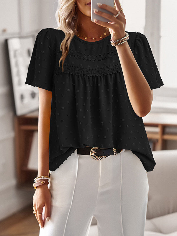 Loose Short Sleeves Hollow Jacquard Pleated Solid Color Split-Joint Round-Neck T-Shirts Tops