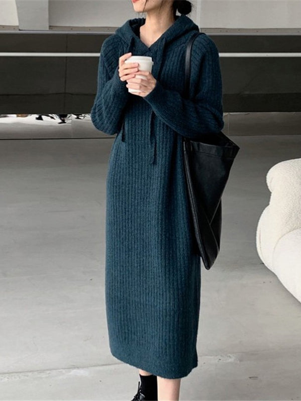 Simple Solid Color Hooded Sweater Dress