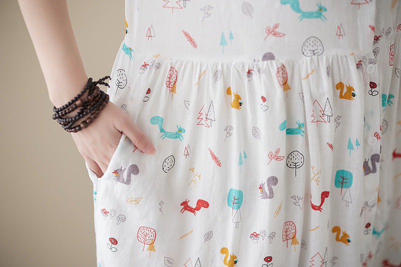 Literary Print Stand Collar Short Sleeve Midi Dress