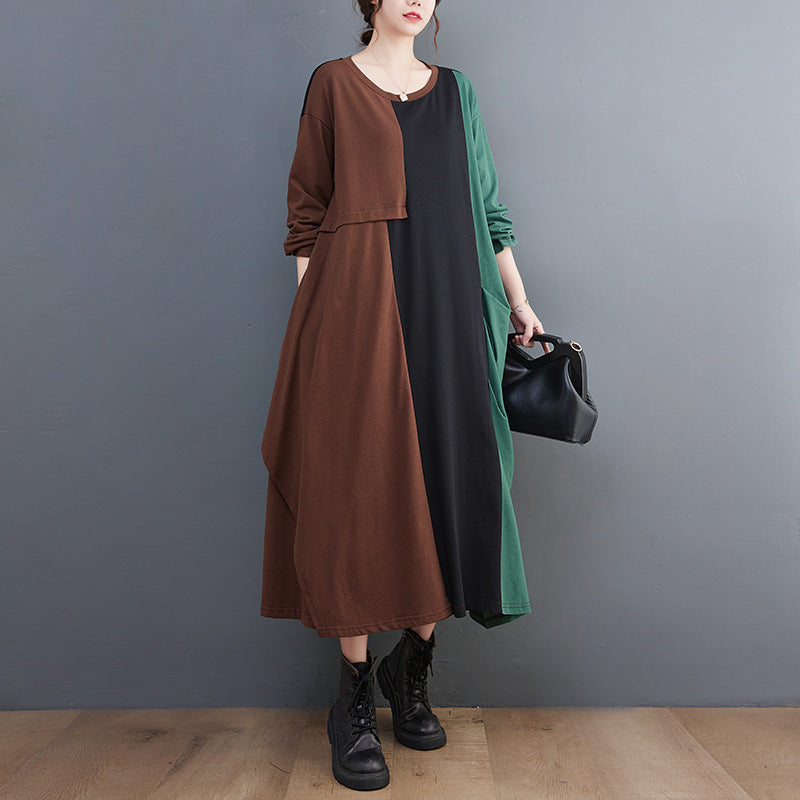 Loose Color Blocking Splicing Round Neck Midi Dress