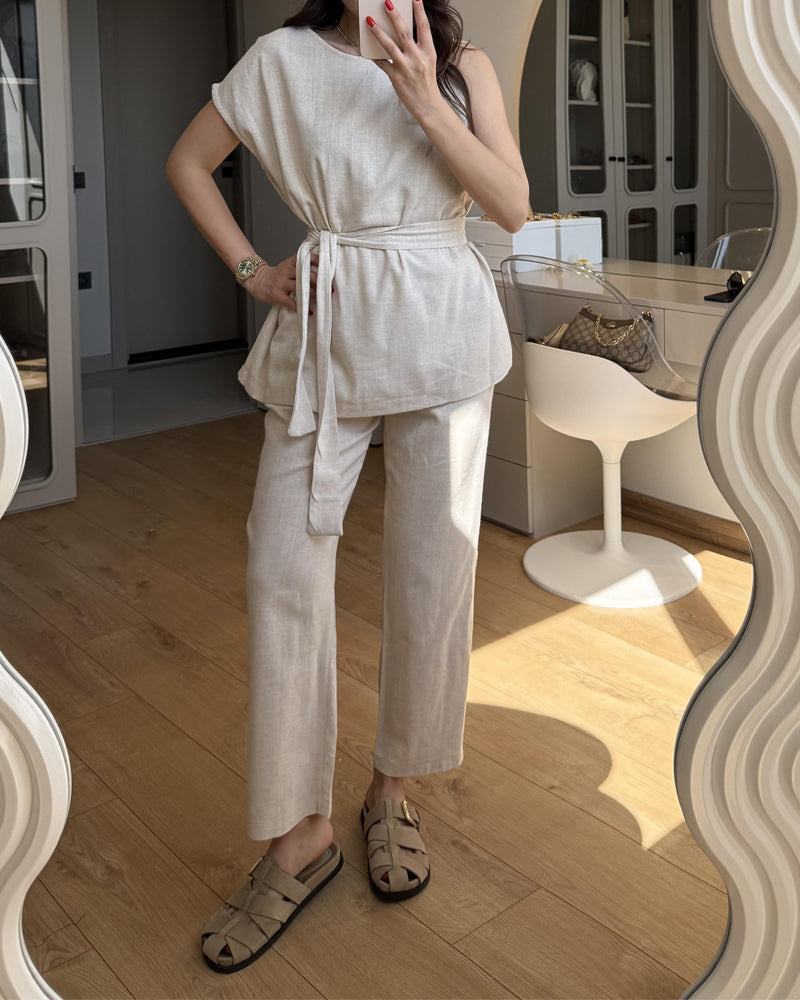 Solid Color Design One-Sleeve Top & Pants Two-Piece Set