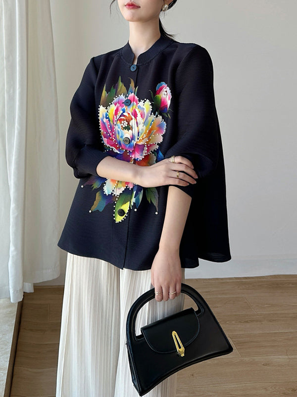 Loose Puff Sleeves Buttoned Flower Print Pleated Round-Neck T-Shirts Tops